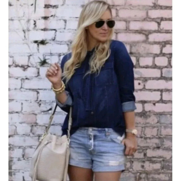 Cabi sz M Blue Waterfront Denim Button Up Shirt Bow Tie Collar Jean Chambray Top - Picture 7 of 16